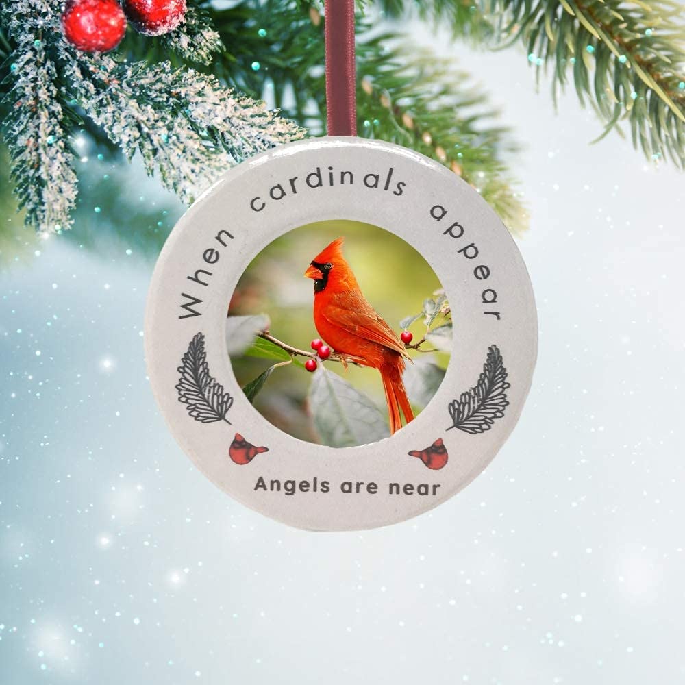 Cardinal Memorial Photo Ornament - Sympathy Gift for Loss of Loved One - Angel Remembrance Keepsake with Feather Accents - Perfect for Funeral, Memorial Service & Home Decoration