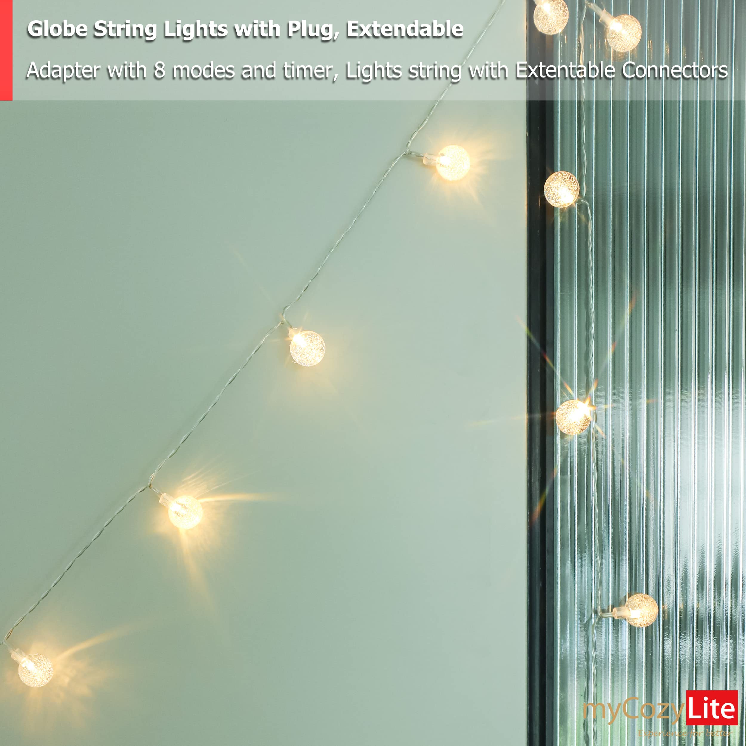 myCozyLite 20 Crystal Ball LED String Lights Plug in - Indoor/Outdoor Globe Fairy Lights with Timer for Balcony, Patio, Bedroom & Wall Decor | Warm White Extendable Decorative Lighting for Parties, Weddings & Home Ambiance