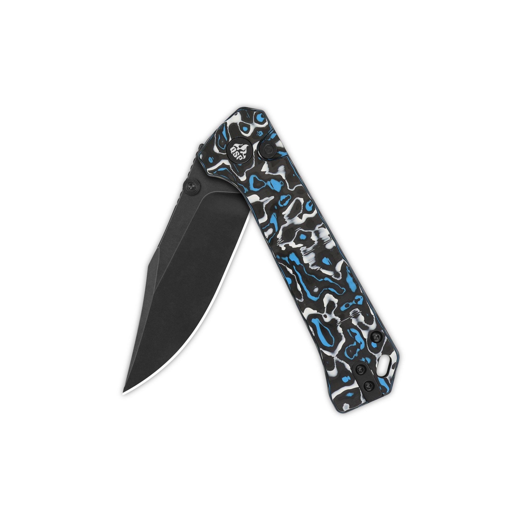 QSP Grebe Button Lock Pocket Knife - S35VN Steel Blade, Blue Camo Carbon Fiber Handle - EDC, Outdoor, Camping & Everyday Carry Knife