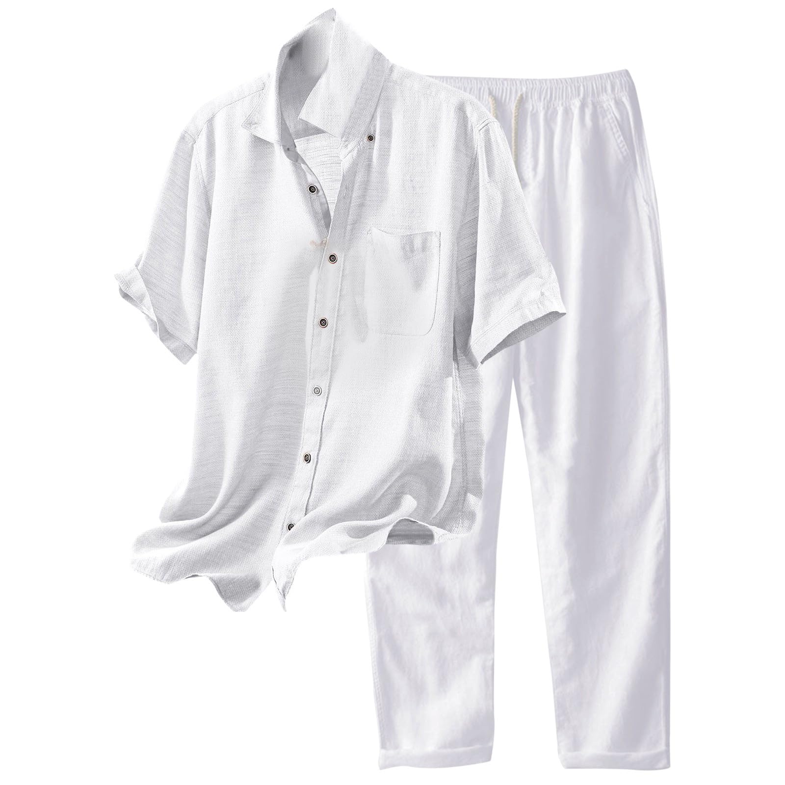 Men's 2-Piece Cotton Linen Short Sleeve Button Down Shirt & Pants Set - Breathable Summer Casual Suit for Beach, Yoga & Outdoor Activities