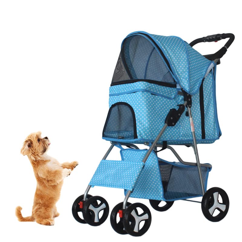Blue 4-Wheel Waterproof Pet Stroller for Small Dogs & Cats - Multiple Windows, Universal Wheels, Luggage Basket - Perfect for Outdoor Walks, Travel, and Vet Visits