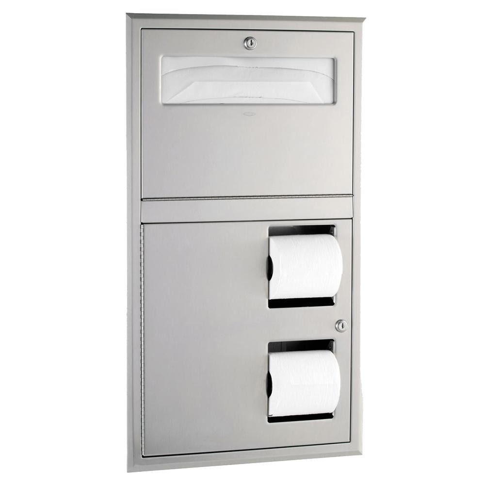 Bobrick B3474 ClassicSeries Recessed Toilet Paper Dispenser with Seat Cover - Satin Finish for Commercial Restrooms & Public Washrooms