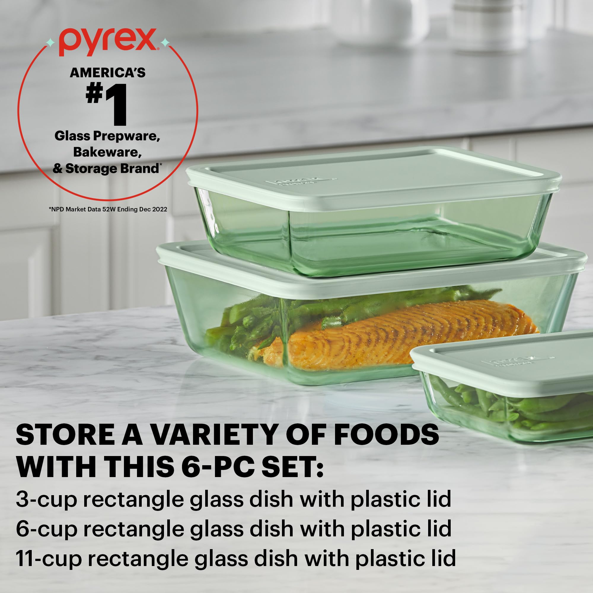 Pyrex Year of Color (3-Pack) Tinted Glass Food Storage Containers Set - 3, 6 & 11 Cup BPA-Free Meal Prep Containers with Lids, Dishwasher & Microwave Safe, Green - Perfect for Leftovers, Meal Prepping & Refrigerator Organization