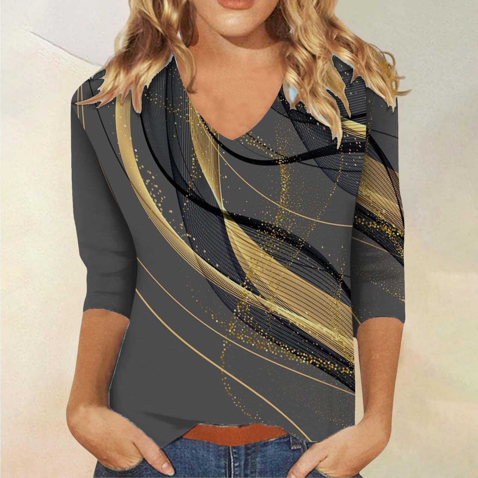 Women's Sexy 3/4 Sleeve V-Neck Henley Blouse - Plus Size Fashion Print Top for Casual Wear & Night Out | Dressy T-Shirt for Women