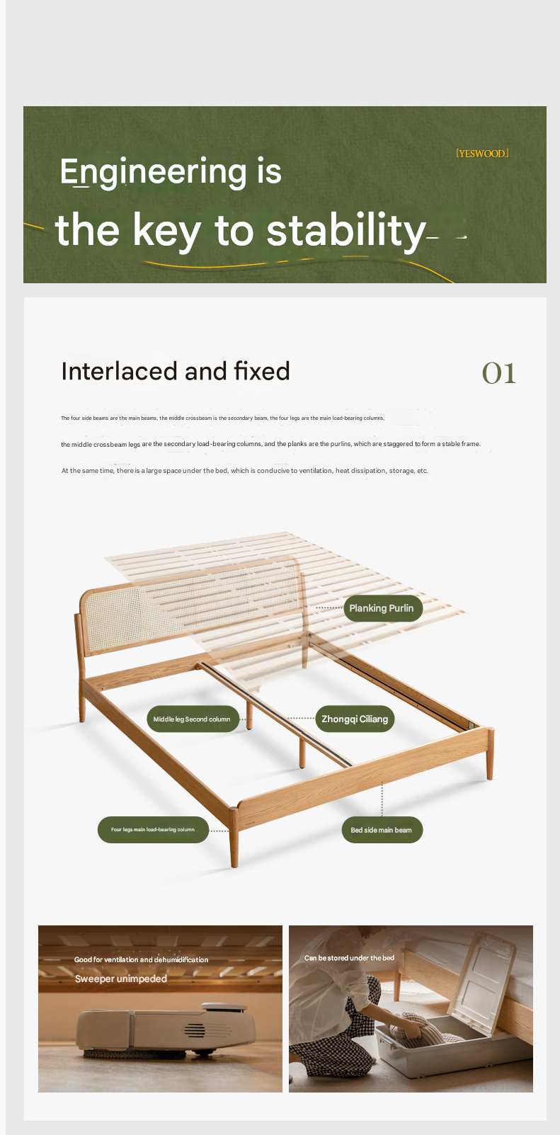 Solid Oak Wood Rattan Bed Frame - Queen Size, Natural Finish - Perfect for Bedroom, Guest Room & Farmhouse Decor