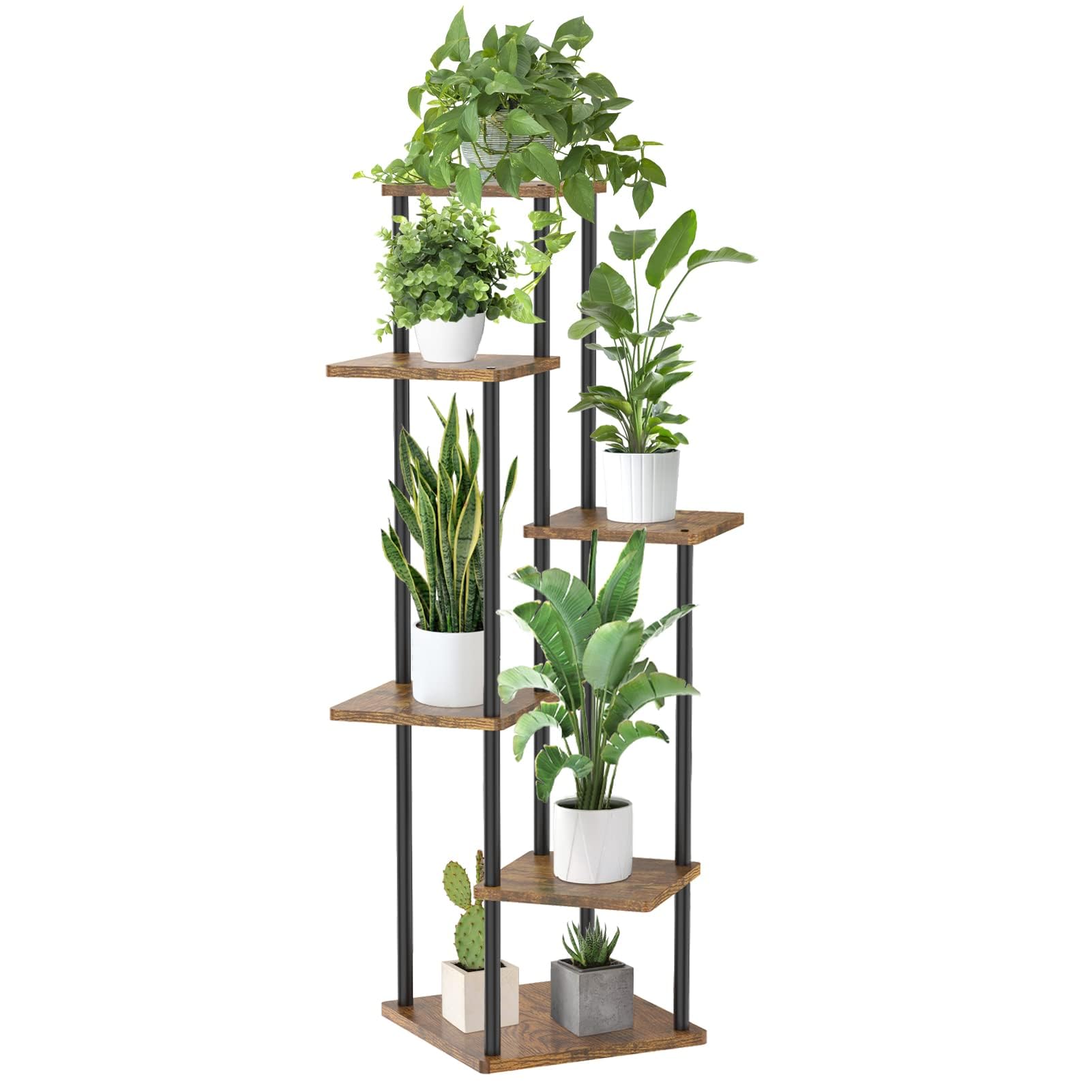 6-Tier Tall Corner Plant Stand for Indoor & Outdoor - Wood & Metal Flower Pot Shelf Holder for Patio, Office, Living Room, Balcony - Large Multi-Tier Plant Rack for Orchids, Succulents & Home Decor (Black) | Perfect for Small Spaces, Urban Gardening & Stylish Plant Display