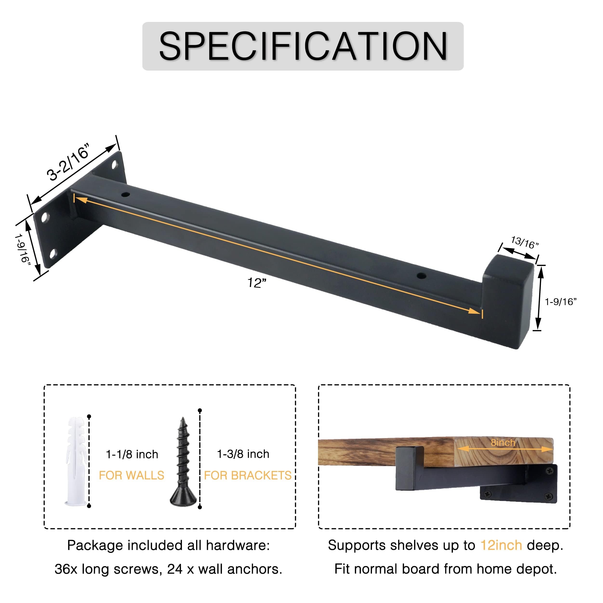 OVOV 6 Pack 12 Inch Black Floating Shelf Brackets with Lip - Heavy Duty Industrial Metal Shelving Supports for Wall Mounted Shelves - Includes Screws - Perfect for Kitchen, Bathroom, Garage & Home Storage Organization