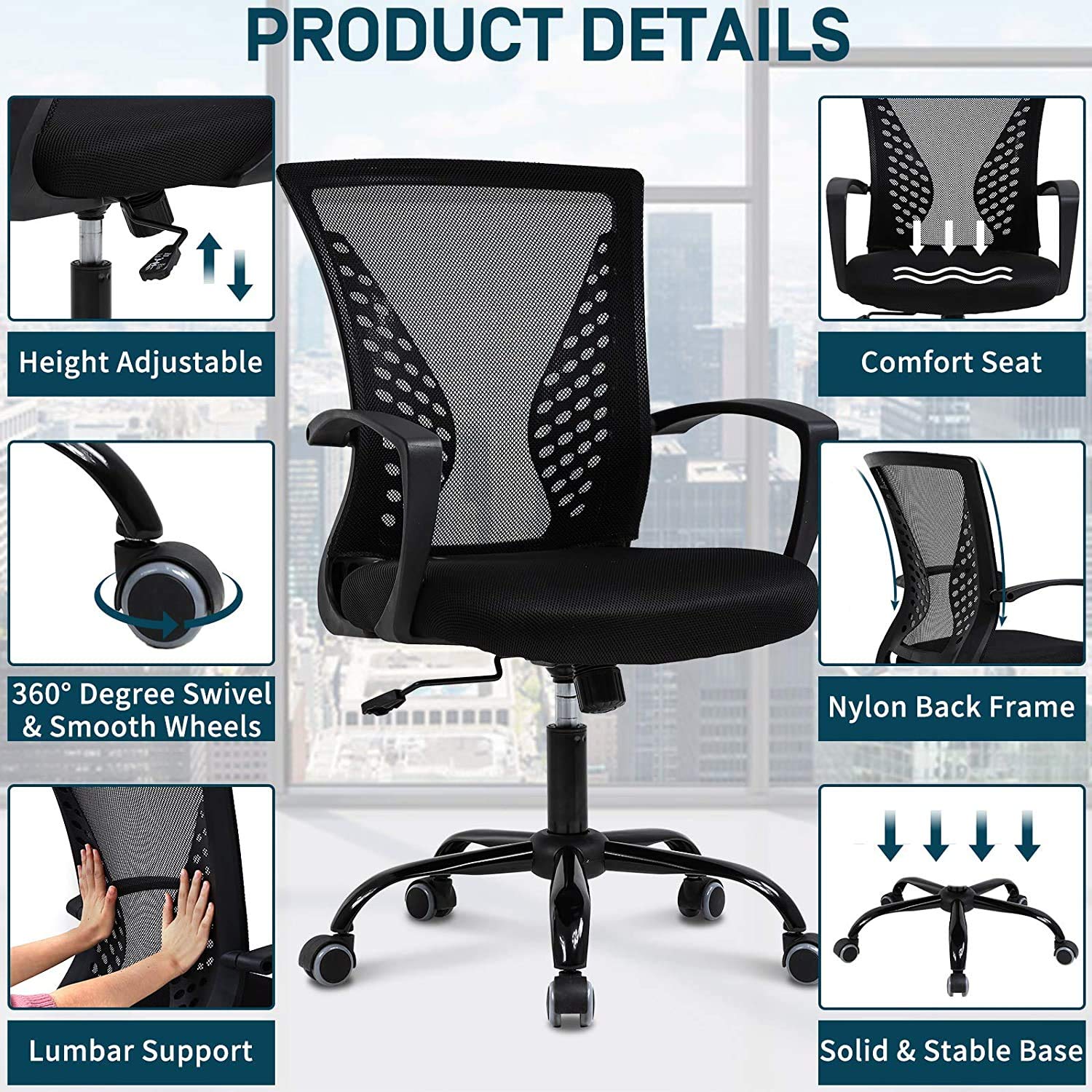 Ergonomic Office Chair - Adjustable Mid Back Mesh Computer Chair with Lumbar Support & Armrests - Modern Rolling Task Chair for Home Office, Study, or Executive Workspace - Black
