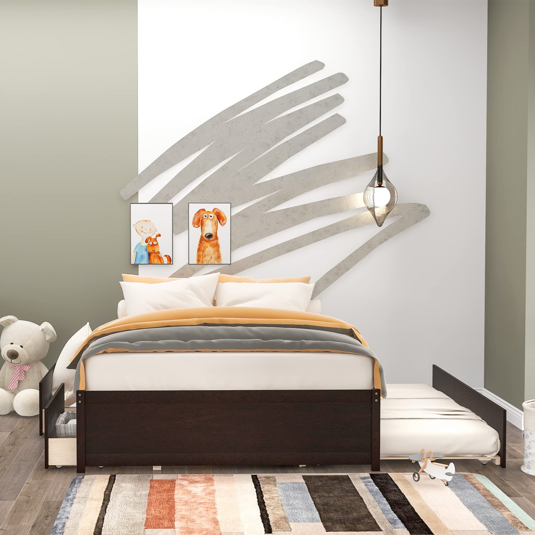 Full Size Bed with Trundle and Storage Drawers - Wooden Platform Bed Frame with Extra Pull-Out Bed - Space Saving Bedroom Furniture for Kids, Teens, Boys & Girls (Espresso Finish) - Perfect for Small Rooms, Guest Rooms and Sleepovers