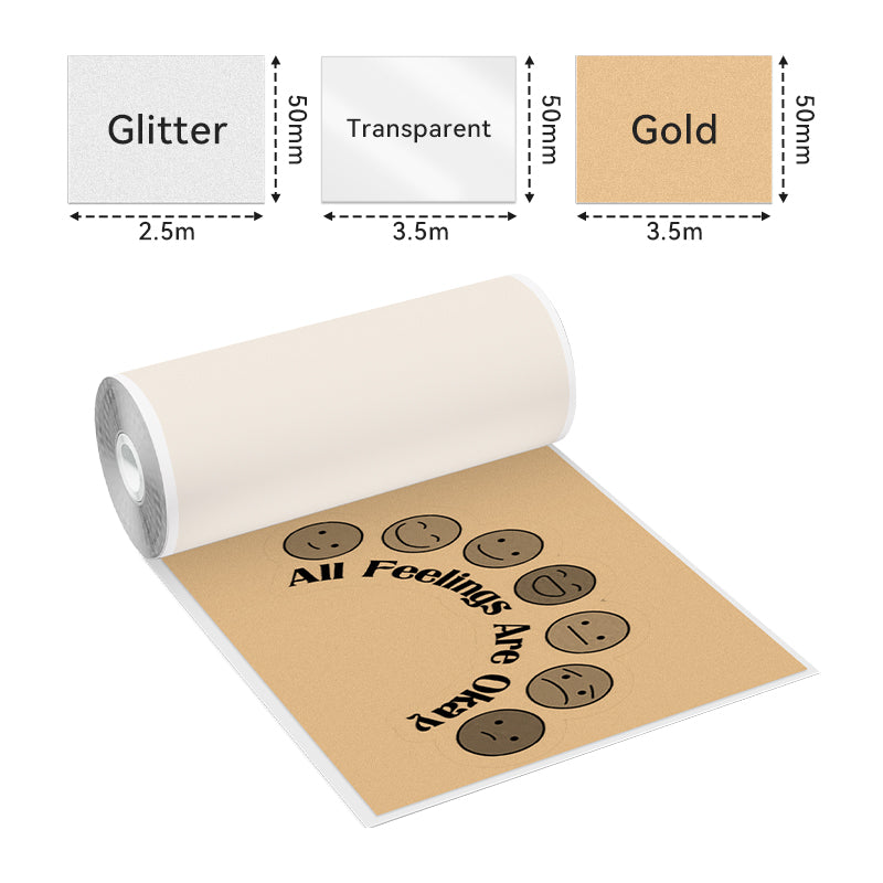 Phomemo 53mm Glitter, Transparent & Gold Sticker Thermal Paper Rolls - Compatible with M02/M02S/M02Pro/M03/M04S/M04AS/M832/P2S3 - Perfect for Labeling, Shipping & Retail Receipts
