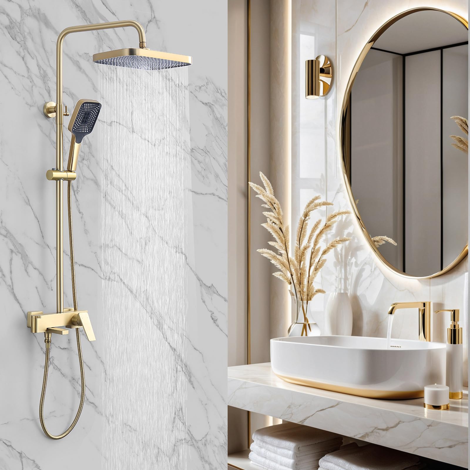 12 x 8 Inches Rain Shower Head with Brushed Gold Exposed Pipe - 3 Function Tub Shower Faucet Set with Handheld Sprayer | Luxury Overhead Shower System for Bathroom Remodel & Spa Experience