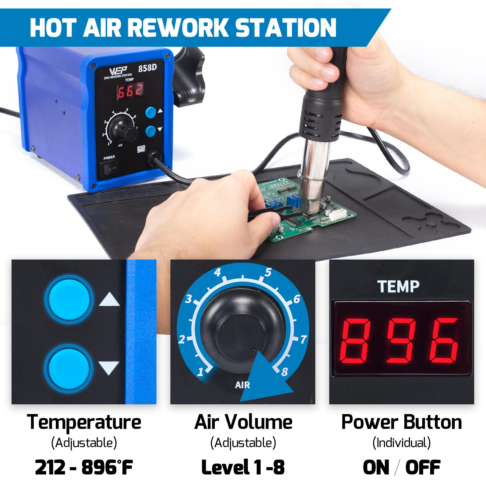WEP 858D Digital Hot Air Rework Station with Temperature Control & Adjustable Air Flow - 3 Nozzles for SMD Soldering, PCB Repair, and Electronics DIY Projects