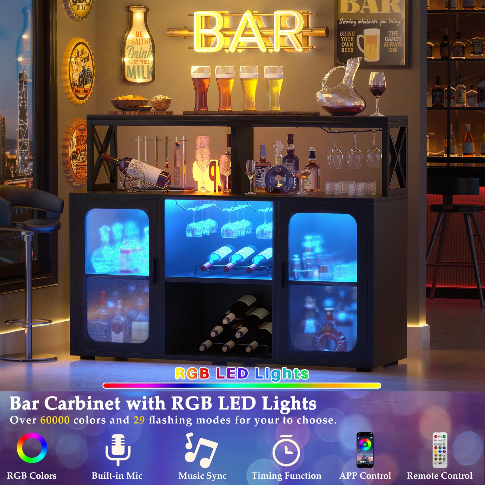 Aheaplus Modern Bar Cabinet with Power Outlets & LED Lights - Wine Storage Cabinet with Glass Holder, Adjustable Shelves & Built-in Racks - Black Buffet Cabinet for Home Bar, Dining Room or Kitchen