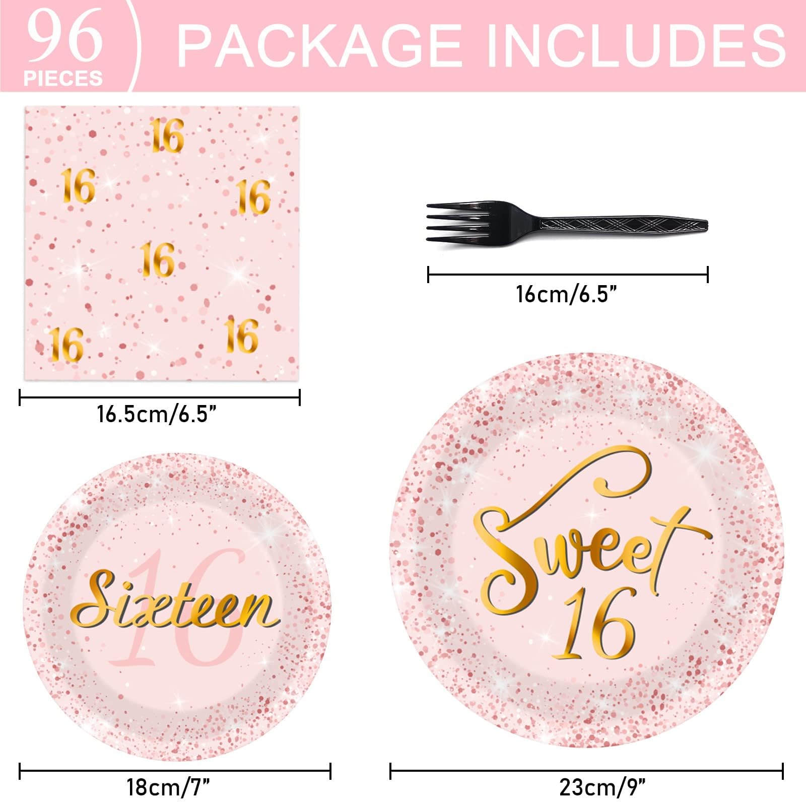 96 Pcs Rose Gold Sweet 16 Birthday Party Plates & Napkins Set - 16th Birthday Party Decorations, Tableware & Favors for Girls - Serves 24 Guests - Perfect for Sweet Sixteen Party, Quinceañera, Teen Birthday Celebrations