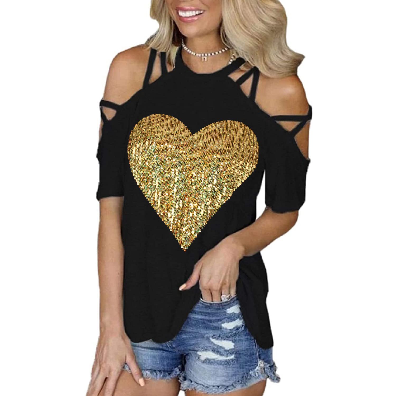 PESION Women's Off The Shoulder Tops - Sexy Shiny Blouses with Long & Short Sleeves - Fashion Graphic T-Shirts for Party, Date Night & Casual Wear
