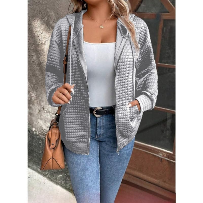 Women's Waffle Knit Hooded Sweatshirt with Drawstring Pockets - Long Sleeve Casual Zipper Jacket for Fall & Winter Layering - Perfect for Outdoor Activities, Lounge Wear and Street Fashion