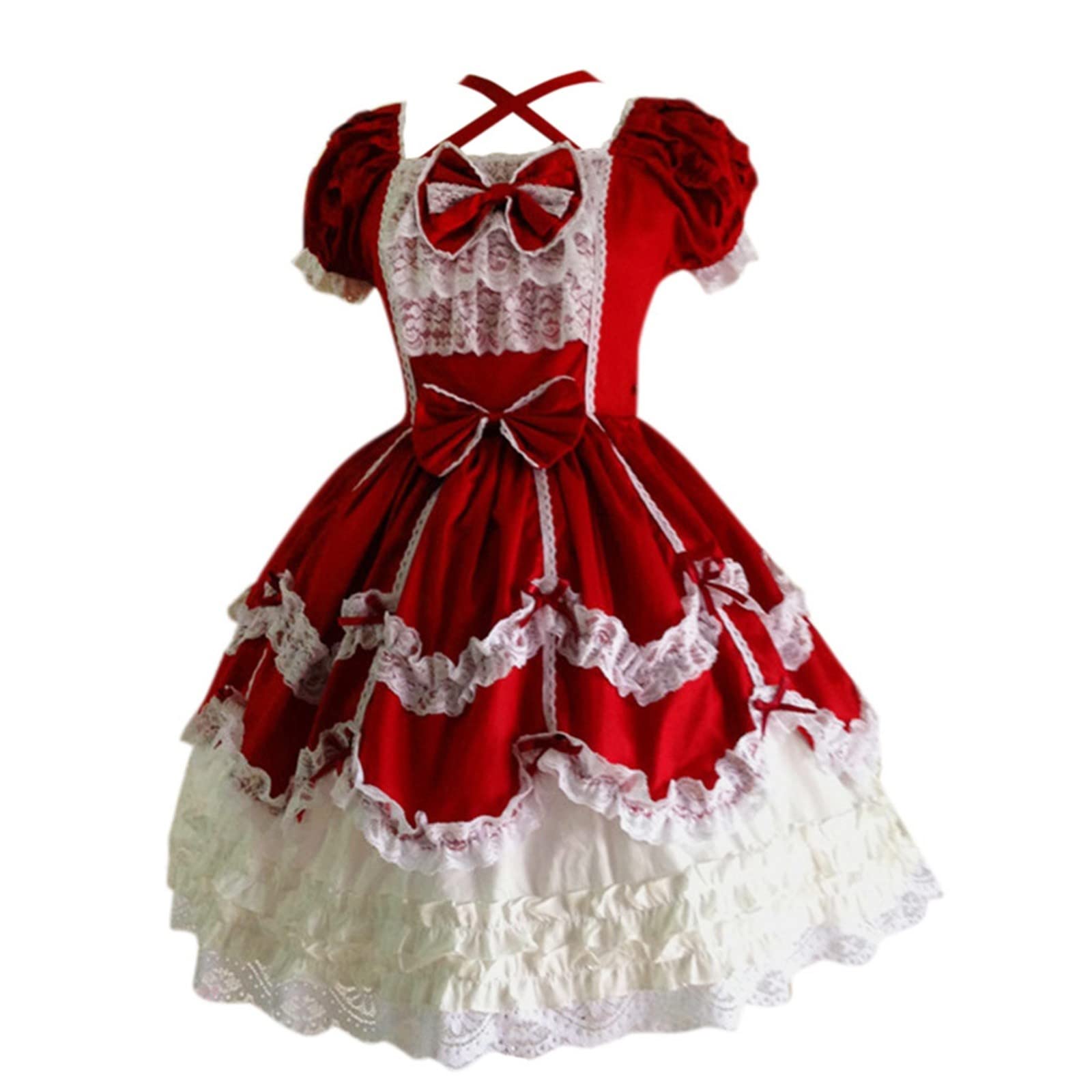 Vintage Patchwork Short Sleeve Gothic Lace Bow Dress for Women - Casual Knit Summer Dress for Party, Dating & Boho Fashion