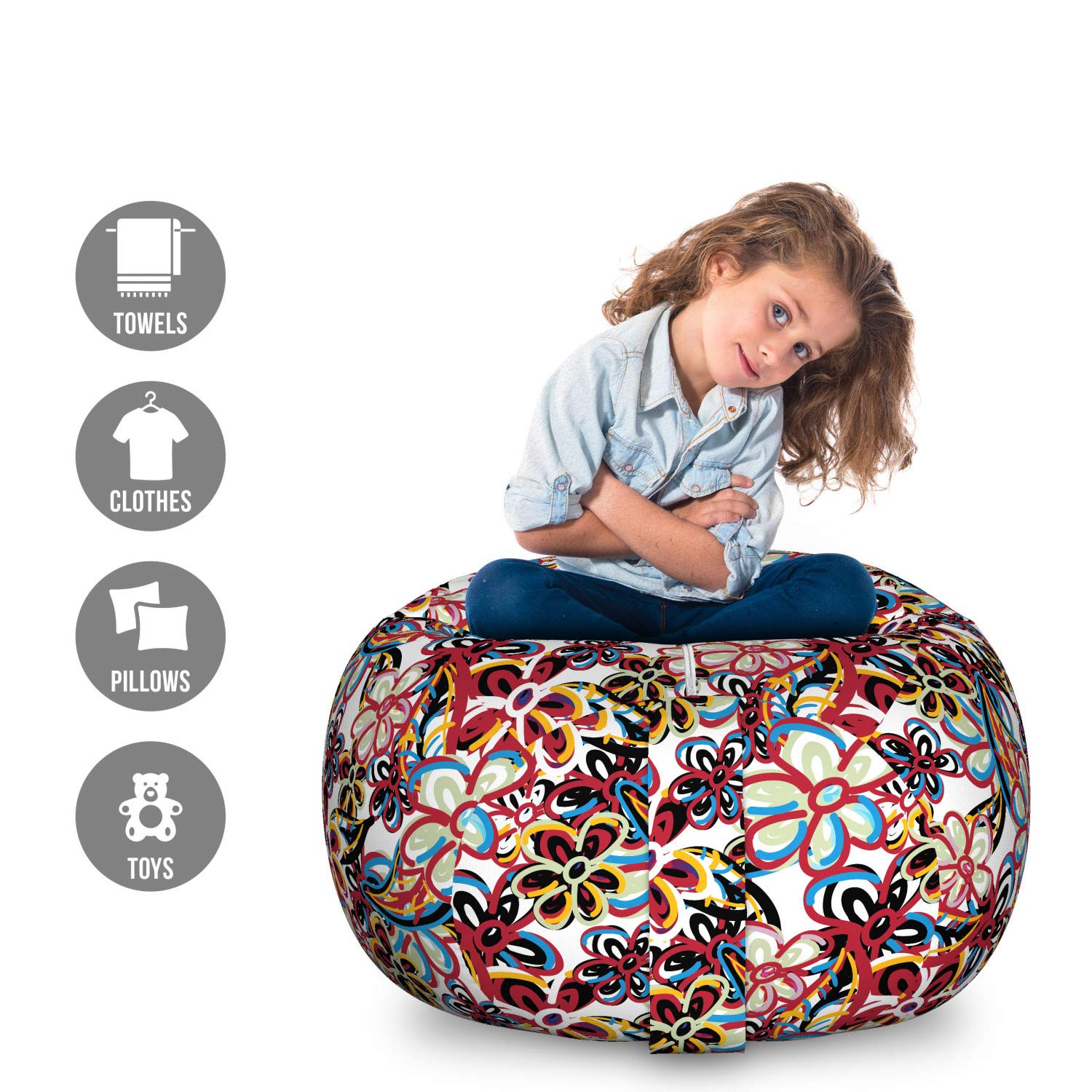 Ambesonne Large Multicolor Toy Storage Bag Chair - Cartoon Style with Abstract Flowers & Leaves Design, Washable Stuffed Animal Organizer - Perfect for Kids' Room, Playroom & Nursery Organization