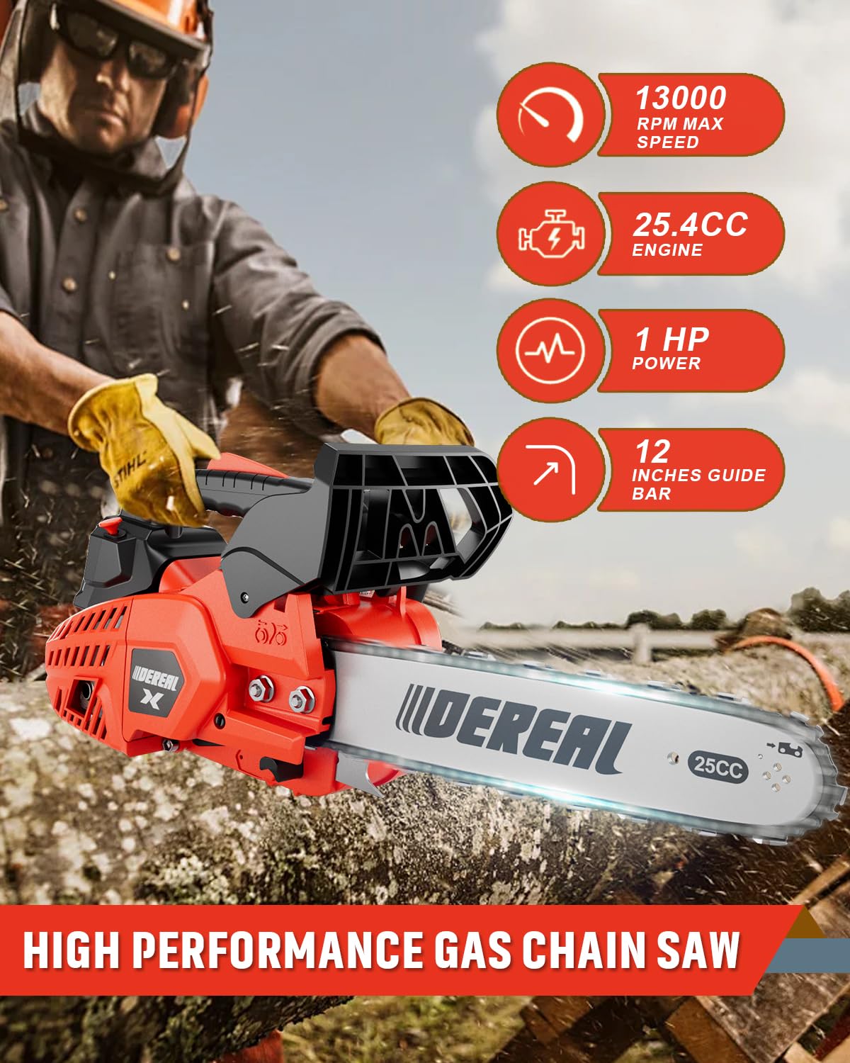 12-Inch Gas Chainsaw - 2-Cycle Gasoline Powered Handheld Cordless Chainsaw for Tree Cutting, Wood Chopping, Farm & Garden Use - Ideal for Forestry, Ranch Work and Outdoor Landscaping