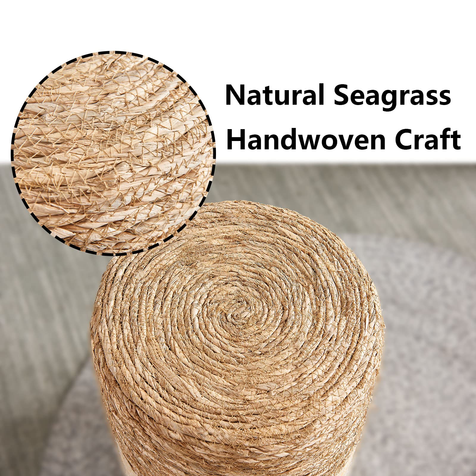 Wimarsbon Natural Seagrass Handwoven Round Ottoman Footstool - Eco-Friendly Living Room & Outdoor Seating (Natural & Blue) - Perfect for Home Decor, Patio Furniture, and Cozy Reading Nooks