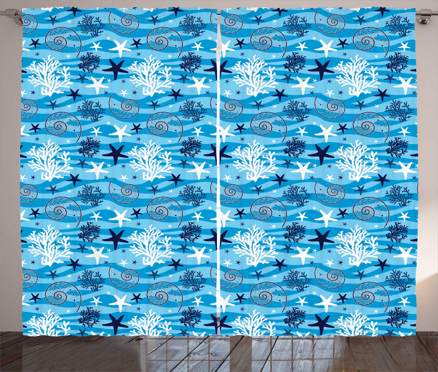 Ambesonne Sea Shells Curtains - Abstract Ocean Waves with Starfish & Scallop Designs, 2-Panel Window Drapes for Living Room & Bedroom, 108x90 Inches, Blue & White Coastal Decor - Perfect for Beach House, Seaside Cottage or Nautical Themed Rooms