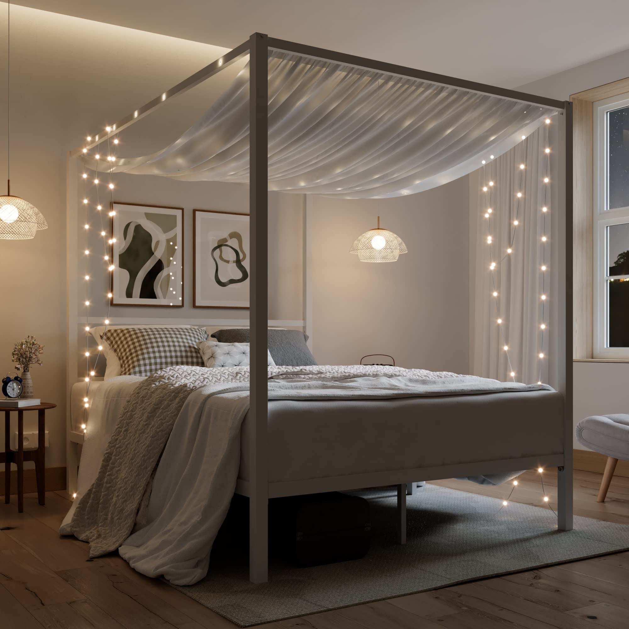 Full Size Metal Canopy Bed Frame with Storage - White for Modern Bedrooms