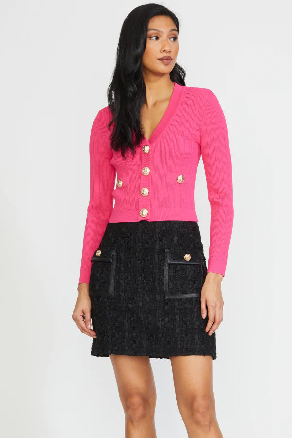 Women's Fitted Shoulder Pad Cardigan - Soft Knit Long Sleeve Open Front Sweater in Fuchsia Pink | Perfect for Office Wear, Casual Outfits & Layering in Fall/Winter