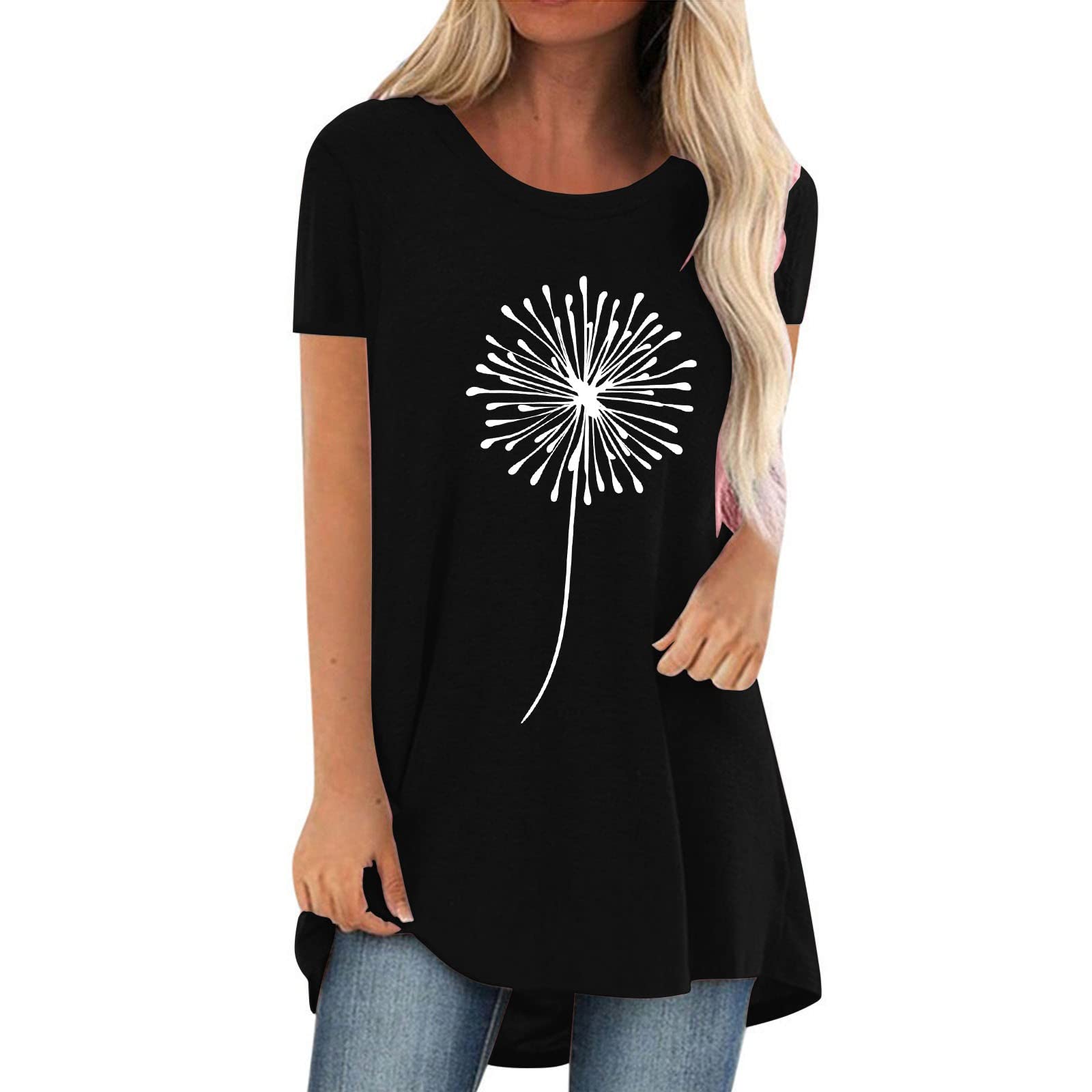 AMTF 2022 Summer Women's Short Sleeve Dandelion Print Casual T-Shirt - Loose Fit Blouse, Tunics & Tee Pullover Tops for Beach, Travel & Everyday Wear