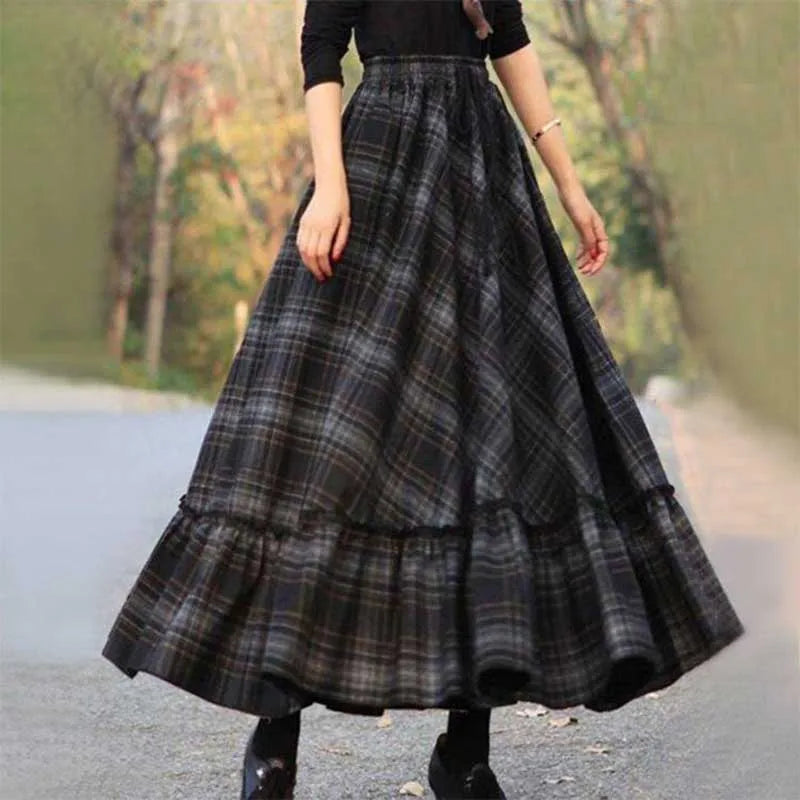 Women's Fashion Loose Shirring Bandage Spliced Ruffles Plaid Skirt - Spring Oversized Long Skirt for Casual Outfits & Office Wear | Perfect for Date Nights, Parties and Everyday Style