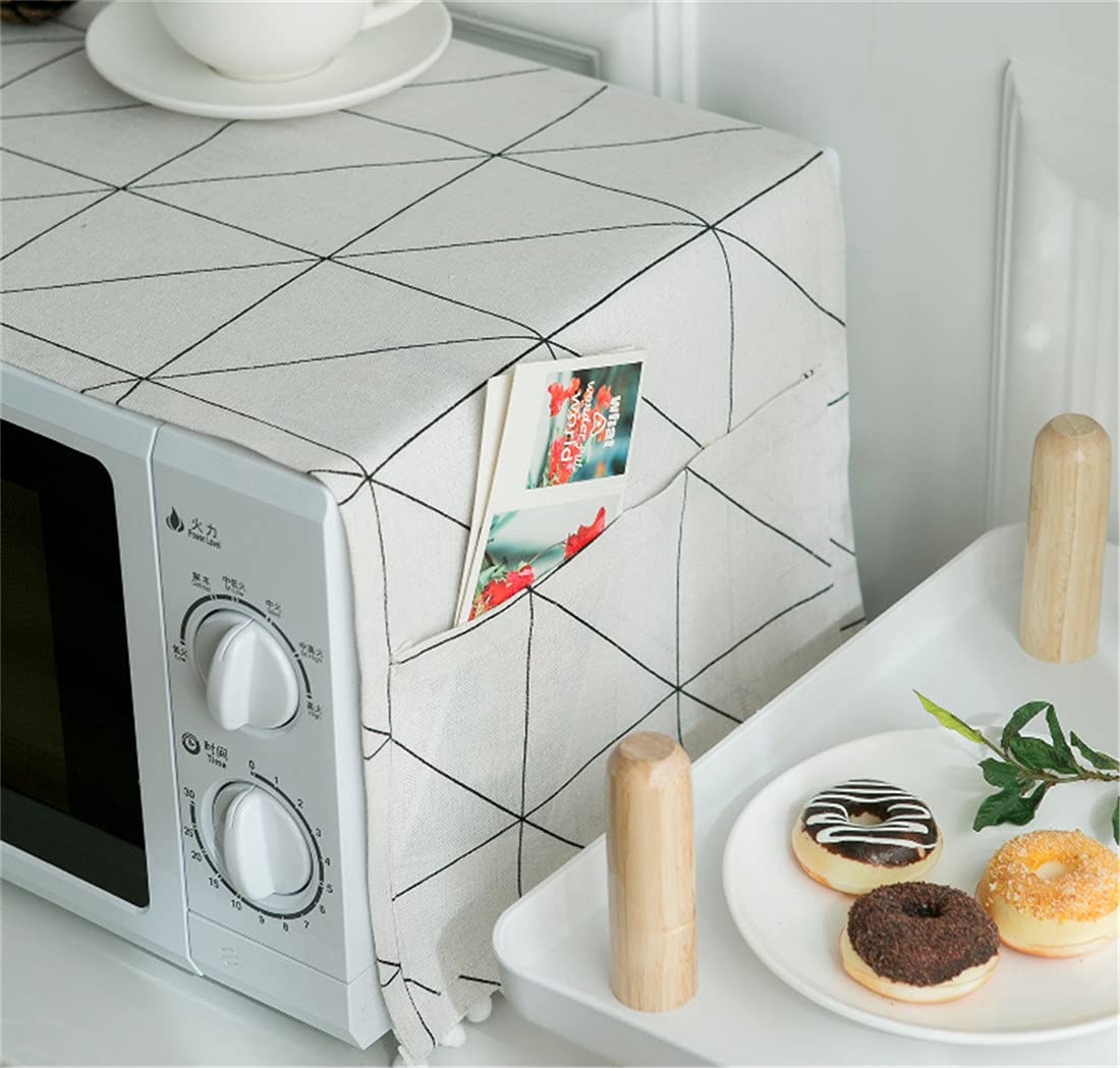 MVCHIFAY Microwave Oven Cover - Dustproof Cotton Machine Protector with Side Storage Pockets (11.8x35.4 Inches) - Big White Chessboard Design for Kitchen Decor | Perfect for Countertop Protection & Small Appliance Storage
