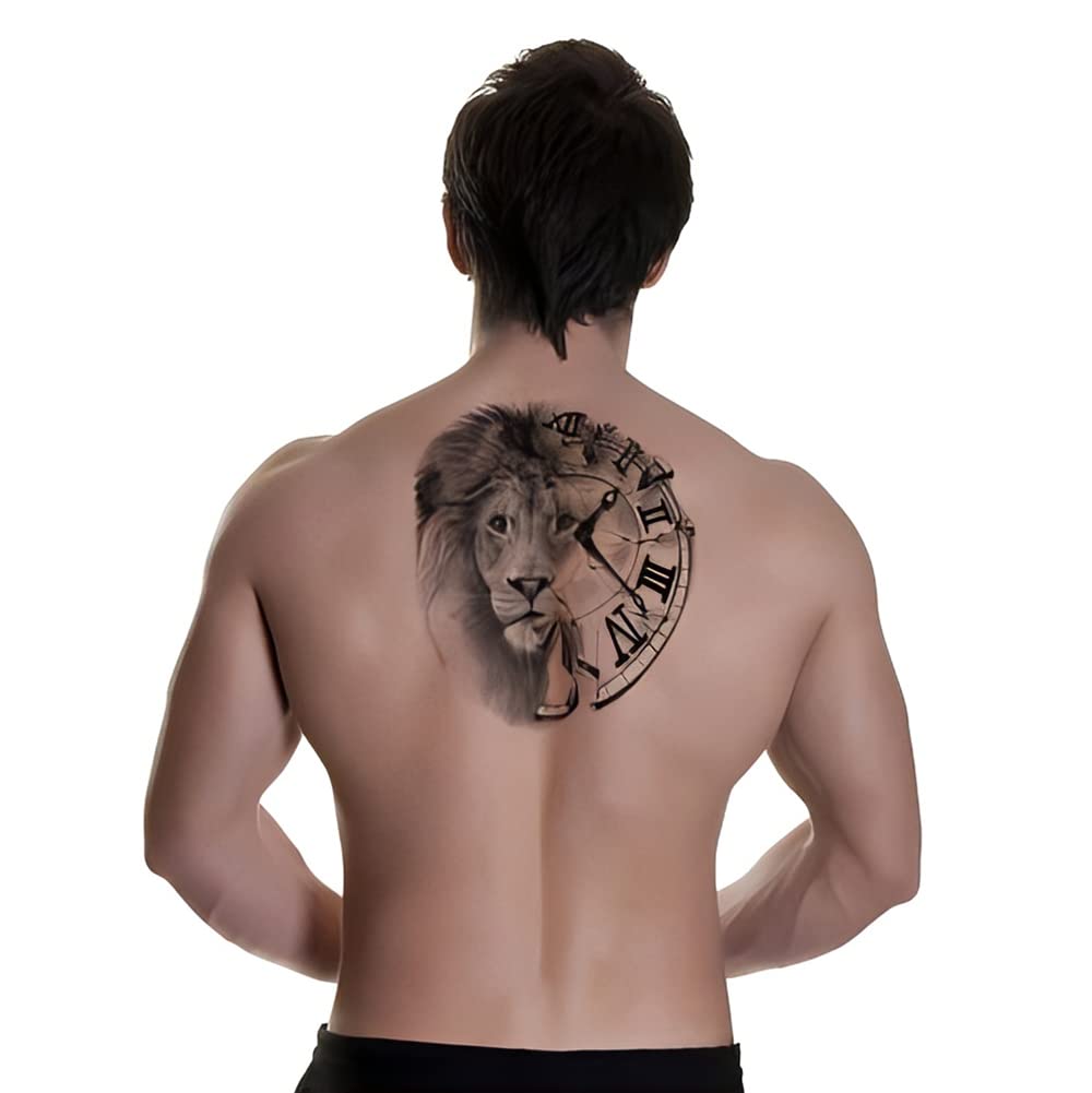 Waterproof Temporary Tattoos for Men & Women - Lion Face with Half Clock Design | Long Lasting Fake Tattoos for Parties, Halloween & Cosplay | S.A.V.I Fashion Body Art