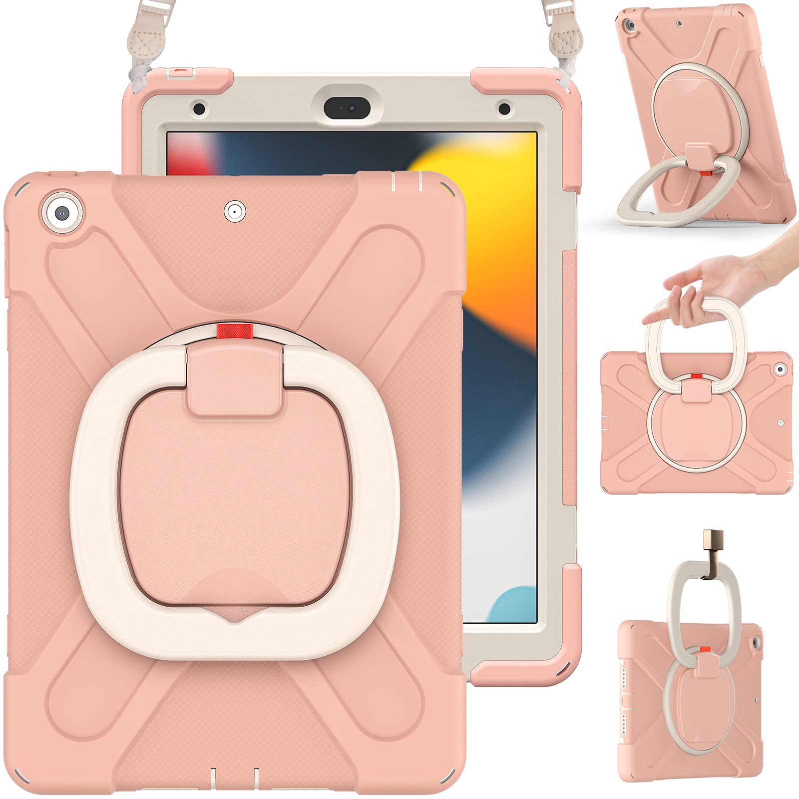 BRAECN Kids Protective Case for iPad 9th/8th/7th Generation (2021/2020/2019) 10.2 Inch - Shockproof Silicone Cover with Shoulder Strap, Handle Grip, Stand, Built-in Screen Protector & Apple Pencil Holder - Rose Gold | Perfect for School, Travel & Home Use
