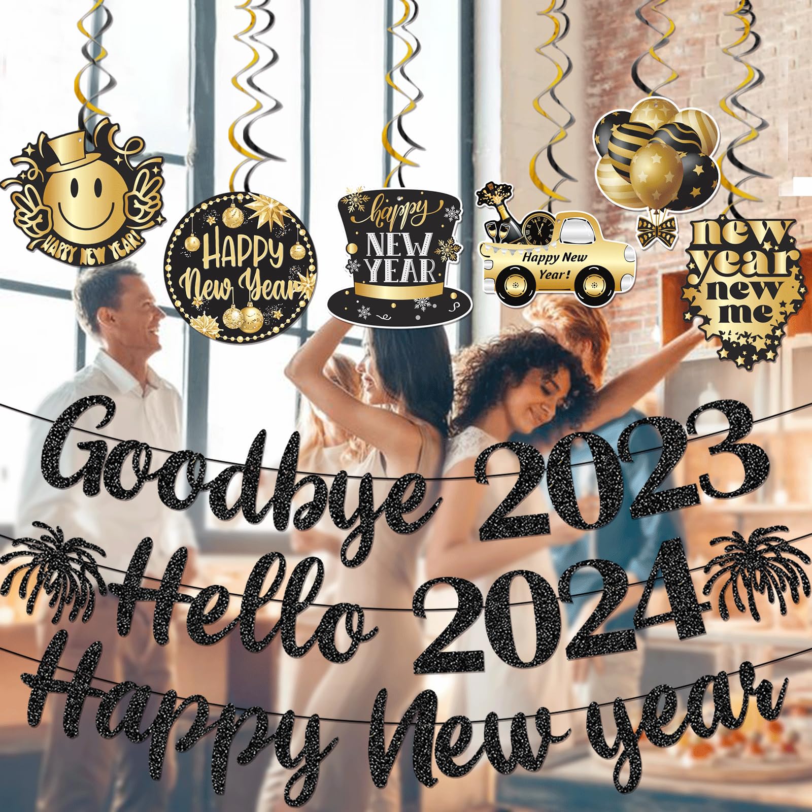 2024 New Year Decorations Set - Black Glitter Happy New Year Banner, Goodbye 2023 Hello 2024 Sign, NYE Party Supplies & Hanging Decorations - Perfect for New Year's Eve Parties, Countdown Events & Home Decoration