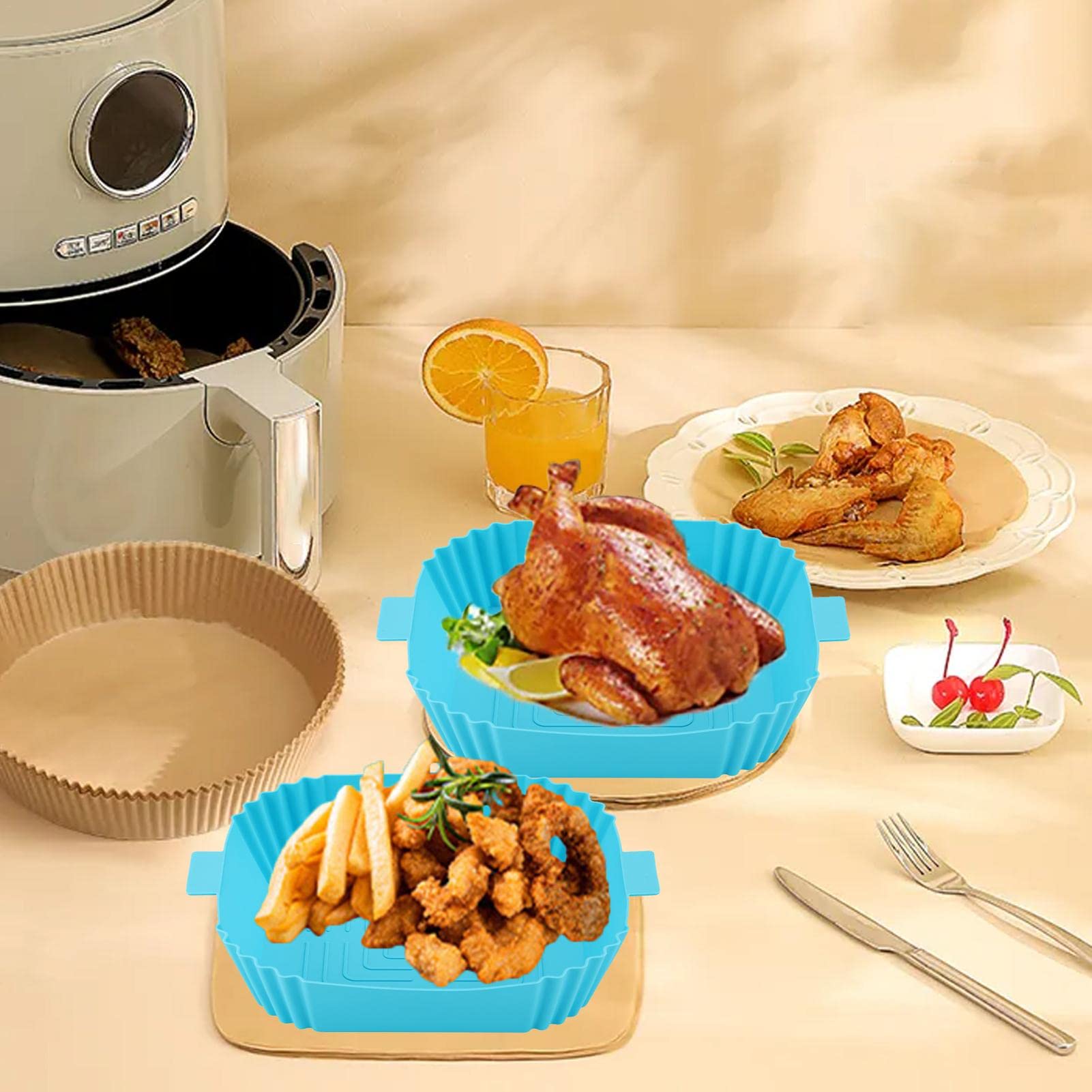 Heat-Resistant Silicone Air Fryer Basket with Handle - Reusable Oven & Baking Accessories - Easy Clean Square Silicone Pot - Replacement for Parchment Paper - Perfect for Roasting Vegetables, Cooking Chicken Wings & Meal Prep
