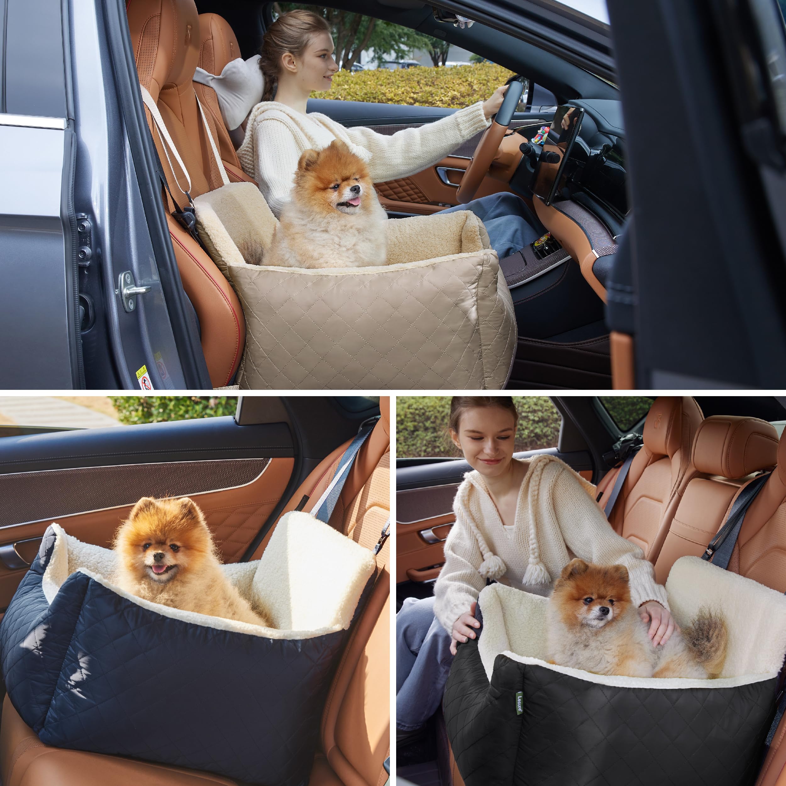 **Waterproof Small Dog Car Booster Seat - Travel Pet Carrier Bed with Clip-On Leash for Medium Dogs (54.5x49.5x38cm, Black) - Perfect for Road Trips & Safe Car Rides**