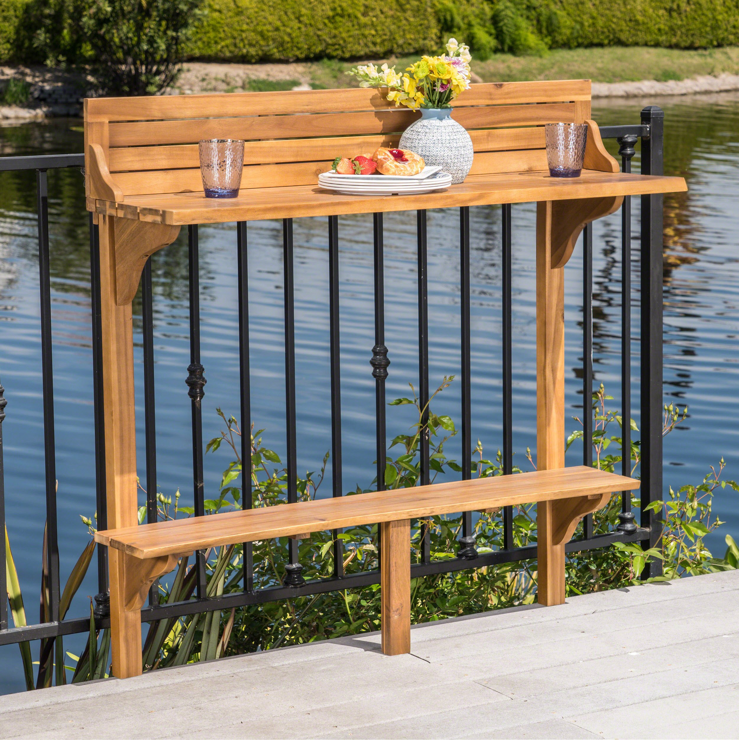 Acacia Wood Outdoor Bar Table for Balcony - Natural Stained Finish - Perfect for Patio, Deck & Poolside Entertaining