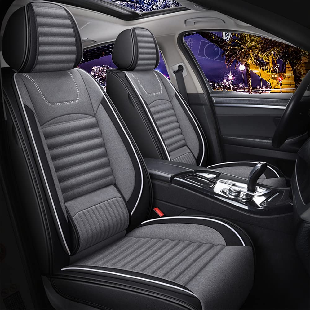 Custom Fit Waterproof Leather & Breathable Linen Car Seat Cover for 2008-2023 Subaru Legacy - Airbag Compatible, Durable Protection (Gary & White) - Perfect for Road Trips, Commuting & Pet Owners
