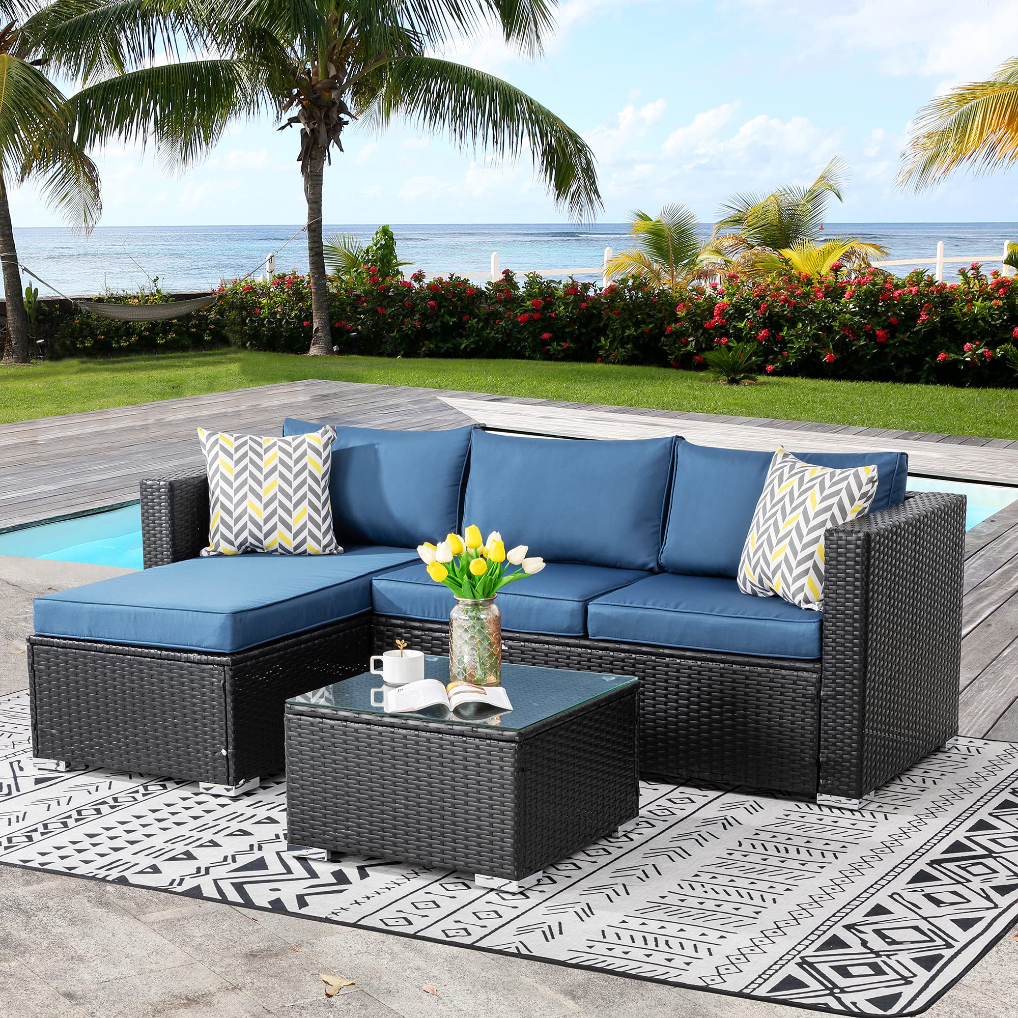 Walsunny 3-Piece Outdoor Patio Furniture Set - All-Weather Low Back Rattan Sectional Sofa with Coffee Table, Washable Cushions & Durable Wicker (Black Rattan, Aegean Blue) - Perfect for Garden, Backyard, Poolside & Balcony Relaxation