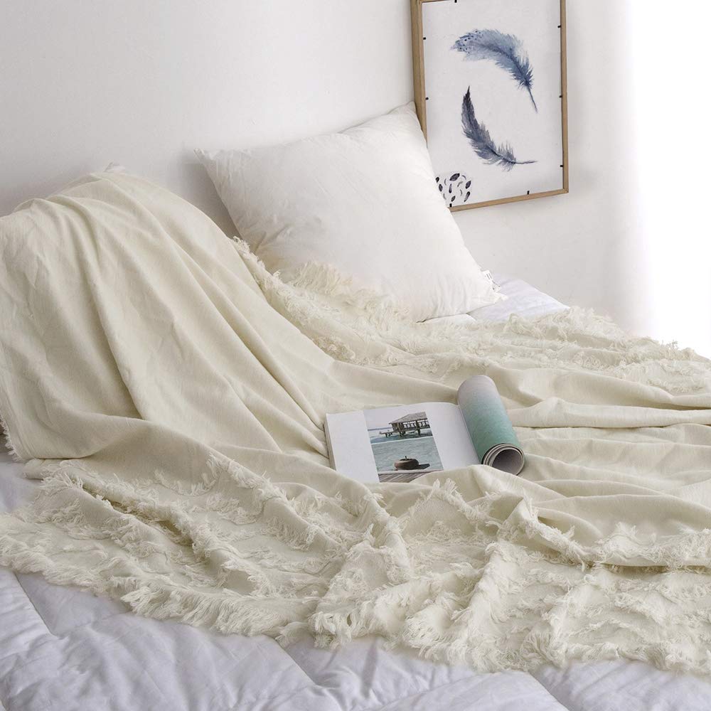 Simple&Opulence 100% Cotton Boho Throw Blanket - Soft Lightweight Tufted Zigzag Knit Woven Blanket with Tassels for Bed, Couch & Farmhouse Decor | All-Season Cozy Breathable Blanket in White | Perfect for Living Room, Bedroom & Outdoor Picnics
