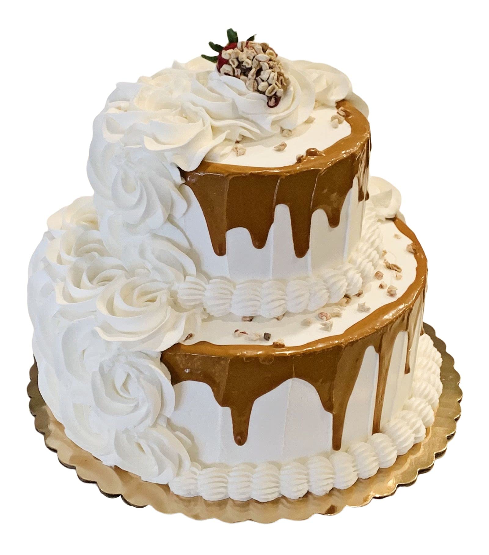 2-Tier Fake Wedding Cake with Ivory Caramel Rosette Drizzle on 10