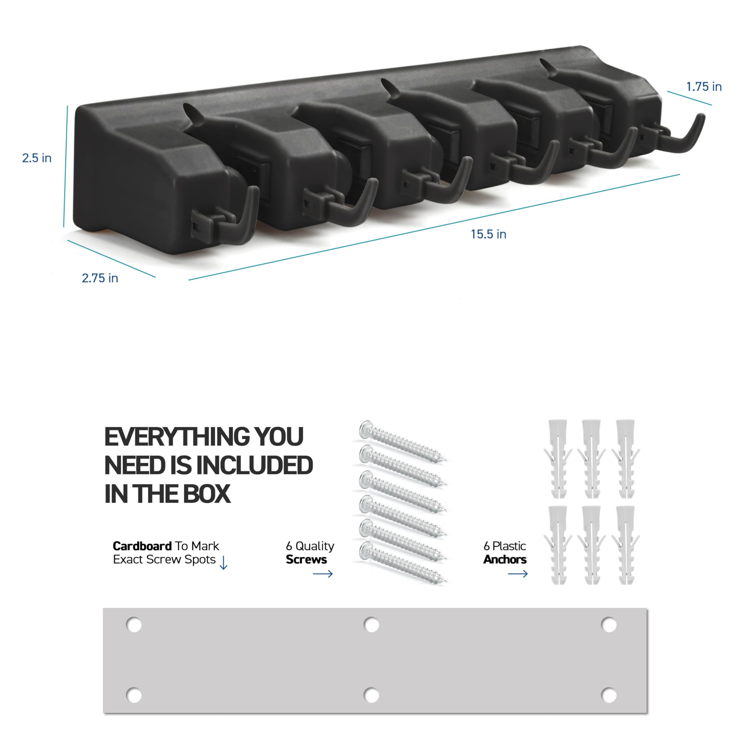 2 Pack Heavy Duty Wall Mount Mop and Broom Holder - 5 Slots & 6 Hooks Garage Storage Organizer with 7.5lbs Capacity Per Slot - Space Saving Solution for Home, Kitchen, Closet, Laundry Room - Perfect for Brooms, Mops, Rakes and Cleaning Tools (Black)
