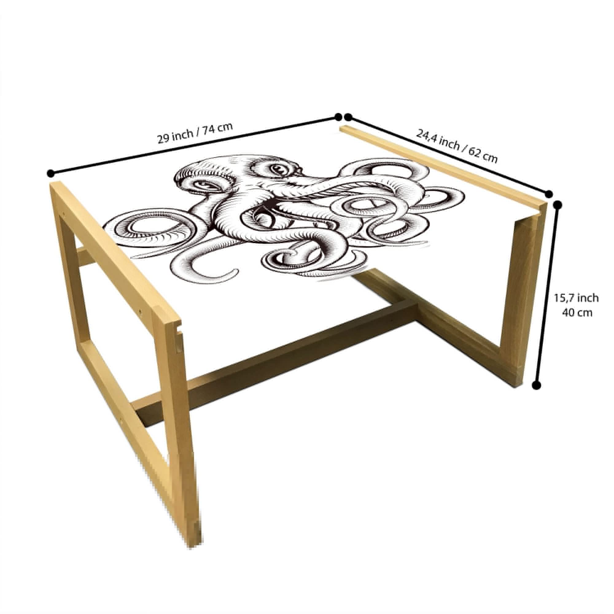 Ambesonne Octopus Coffee Table - Woodblock Style Monochrome Art, Acrylic Glass Top with Wooden Frame - Brown & White Modern Center Table for Living Room, Office, Dorm | Home Decor Gift Idea