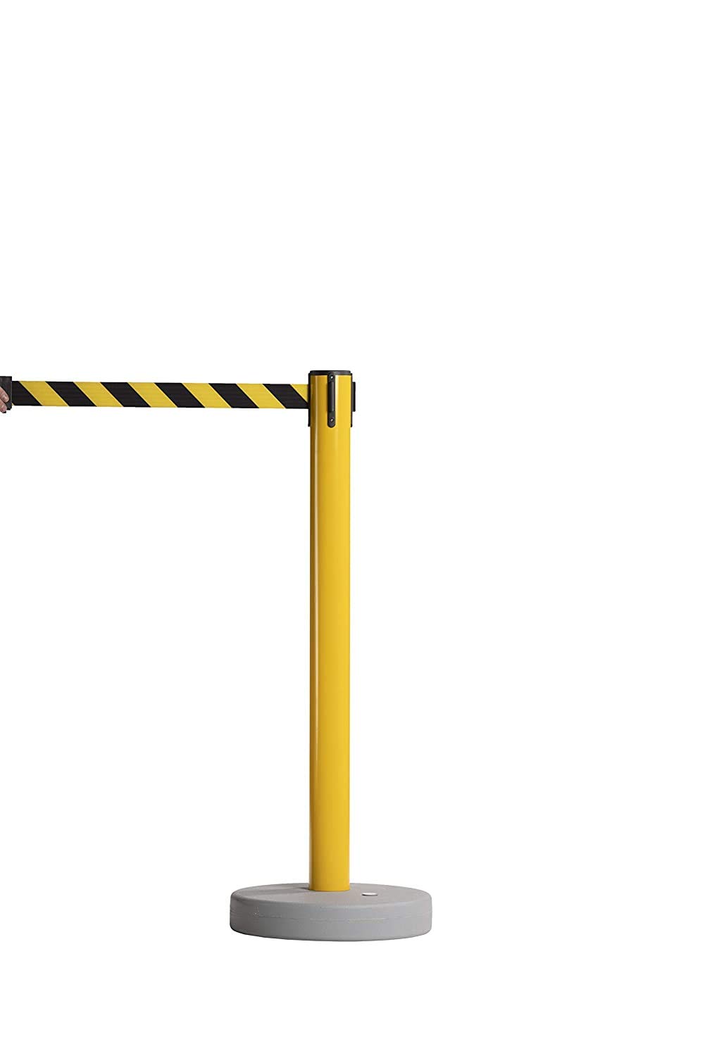CCW Set of 2 Retractable Belt Barrier Stanchions with Water Fillable Base - 11 Foot Black/Yellow Belt & Yellow PVC Plastic Posts for Crowd Control in Warehouses, Events & Retail Stores