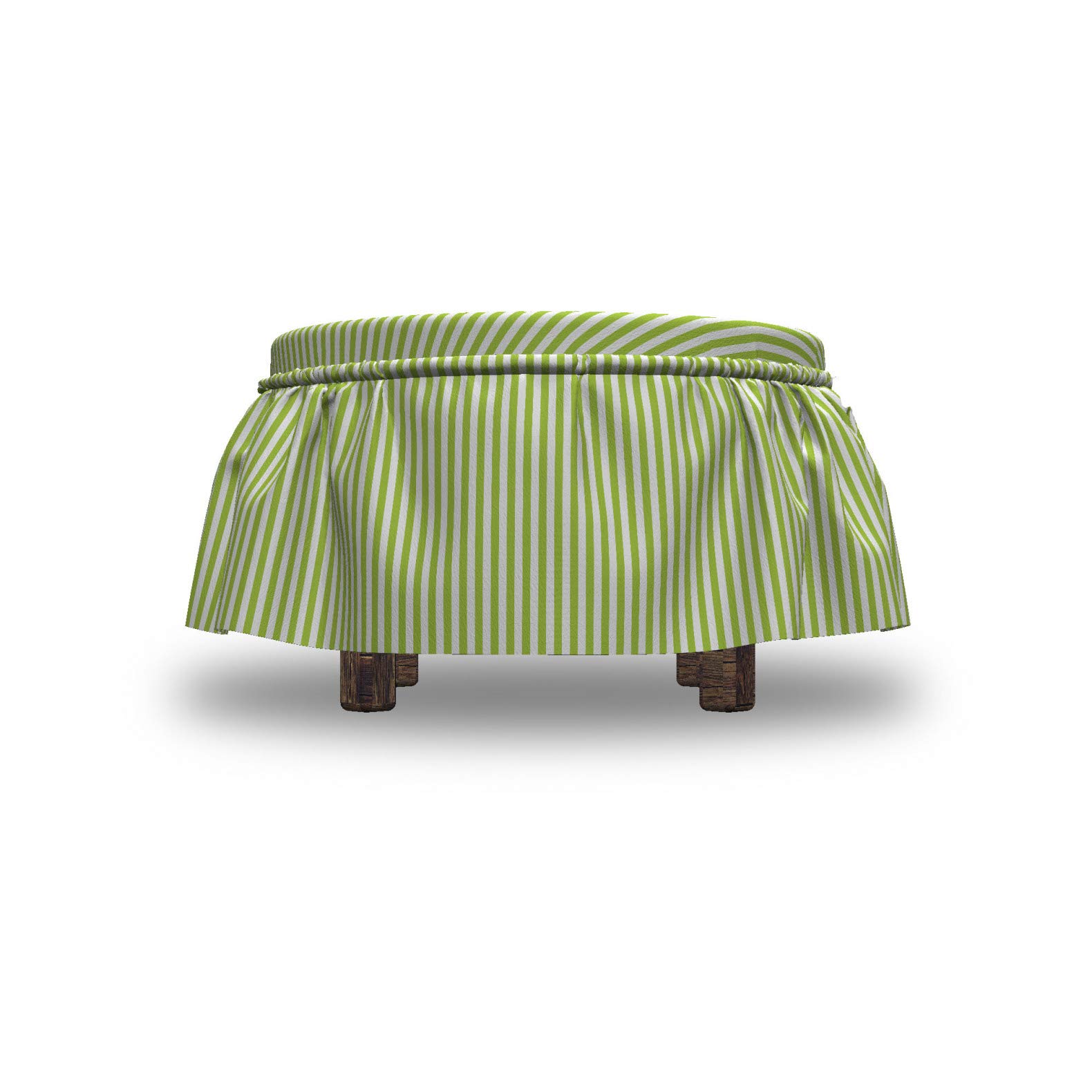 Ambesonne Striped Ottoman Cover Set - 2 Piece Slipcover with Ruffle Skirt for Square/Round Footstools | Retro Vertical Line Design in Apple Green & White | Home Decor Accent for Living Room, Bedroom & Office