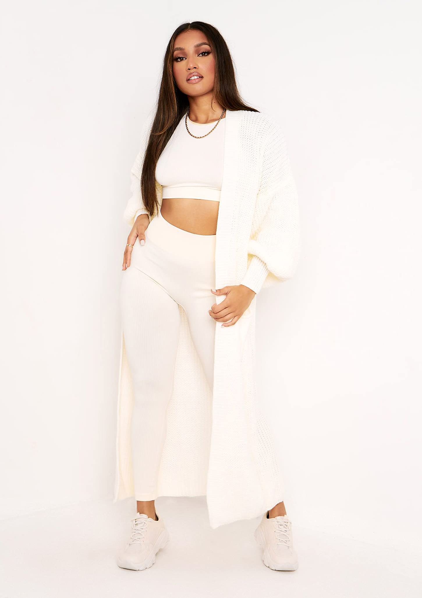Women's Knitted Open Front Slouchy Balloon Sleeve Long Cardigan | Basic Puff Sleeve Boyfriend Sweater Coatigan | UK Size 8-14 | Perfect for Casual Outings & Cozy Evenings