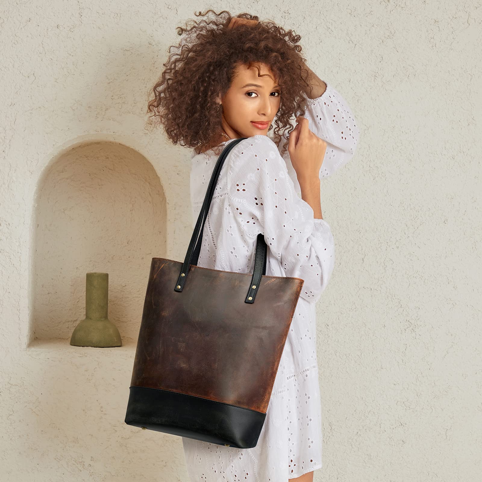 Genuine Leather Tote Bag for Women - Vintage Two-Tone Shoulder Purse with Luggage Sleeve | Stylish Work Bag, Travel Companion & Everyday Carryall