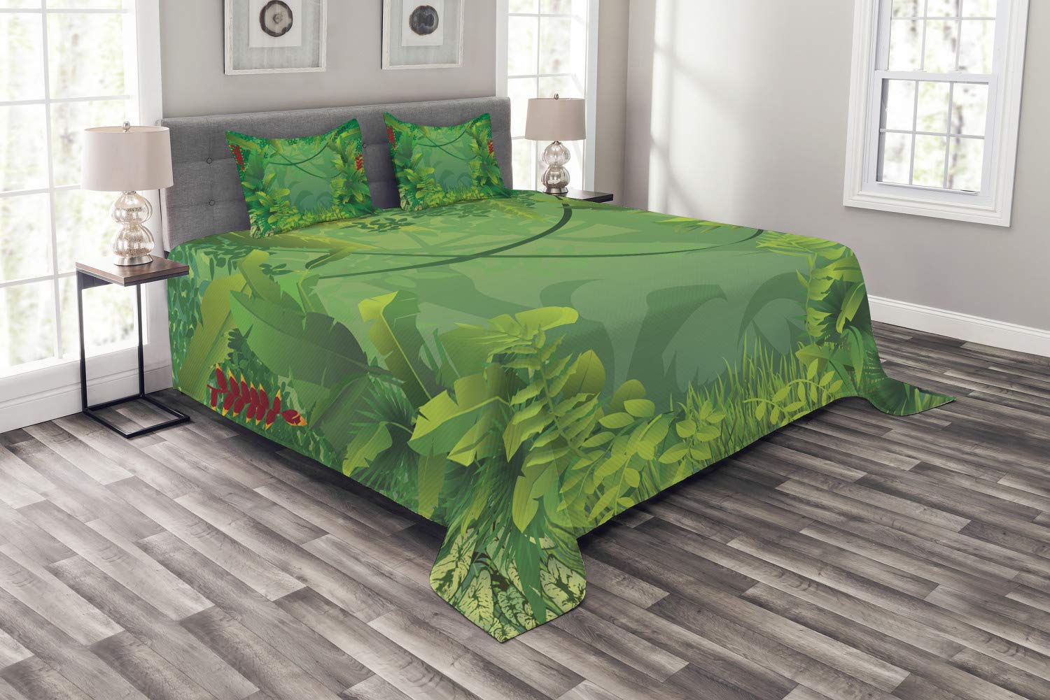 Ambesonne Green Leaf Bedspread Set - 3 Piece King Size Tropical Foliage Bedding with 2 Pillow Shams in Apple & Jade Green | Hawaiian Rainforest Inspired Decor for Master Bedroom, Guest Room & Vacation Homes