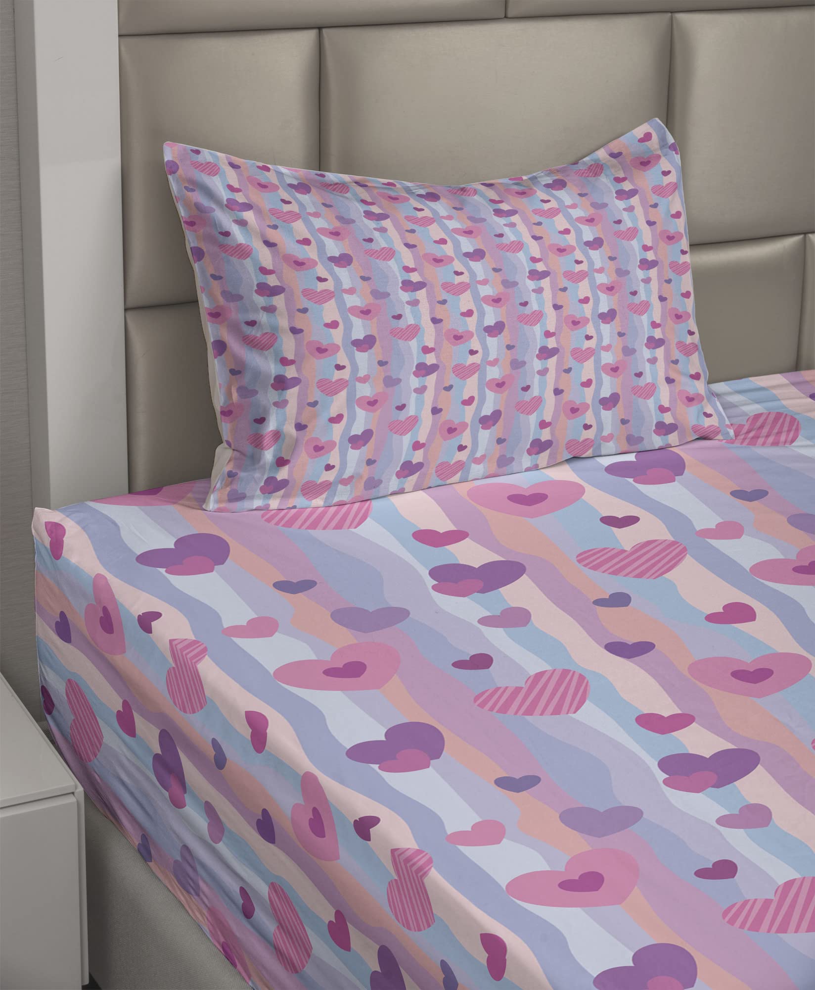 Ambesonne 3-Piece Love Heart Sheet Set - Twin XL Pale Mauve Purple Vertical Stripes for Valentine's Day, Wedding & Romantic Bedroom Decor - Fitted Sheet, Flat Sheet & Pillowcase