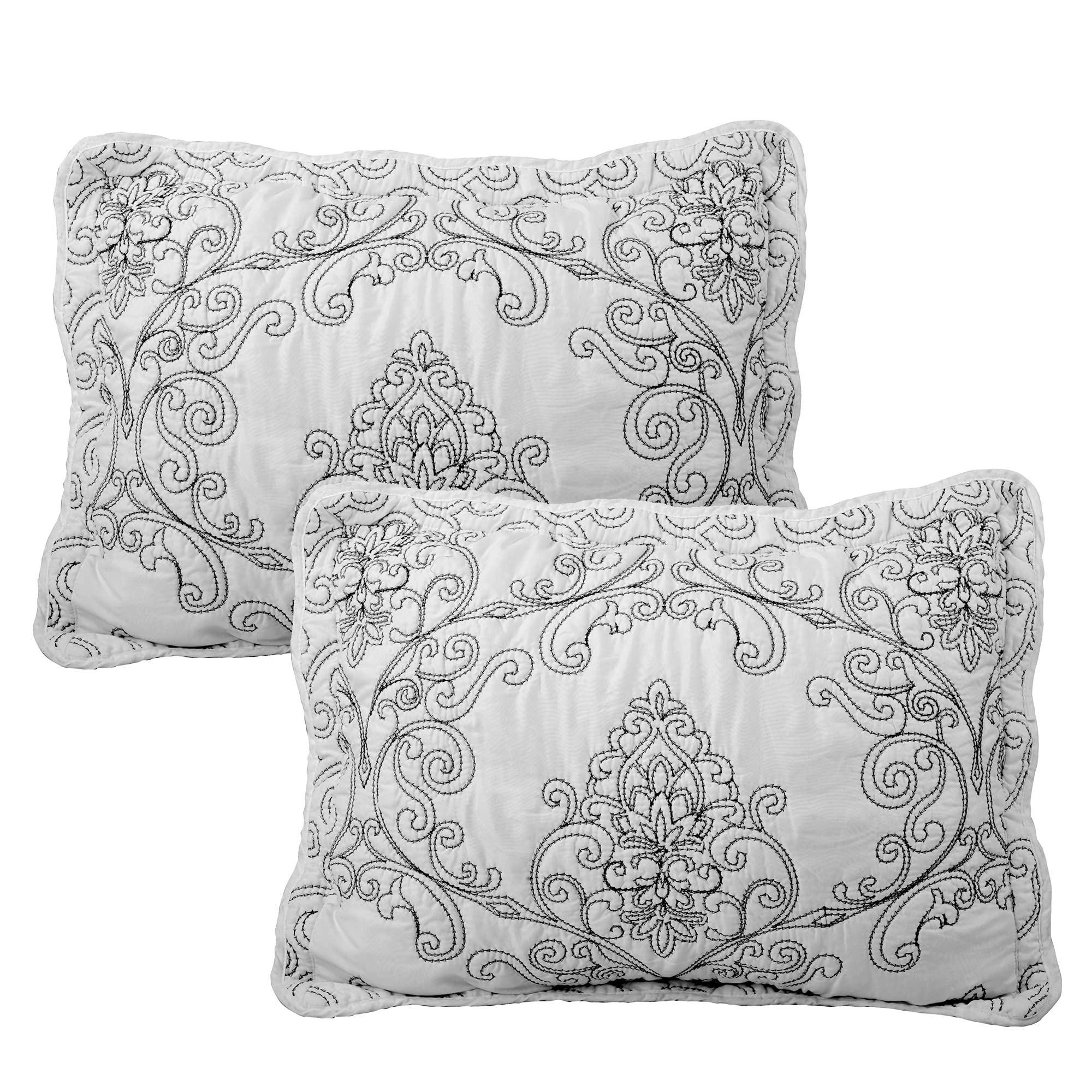 Elegant Antique Damask Embroidery King Size Quilt Bedspread Set - 4 Piece 120x120 Inch Oversized Bedding with Scallop Edges, Ultra Soft Lightweight Coverlet in White - Perfect for Master Bedroom, Guest Room & Luxury Hotel Decor