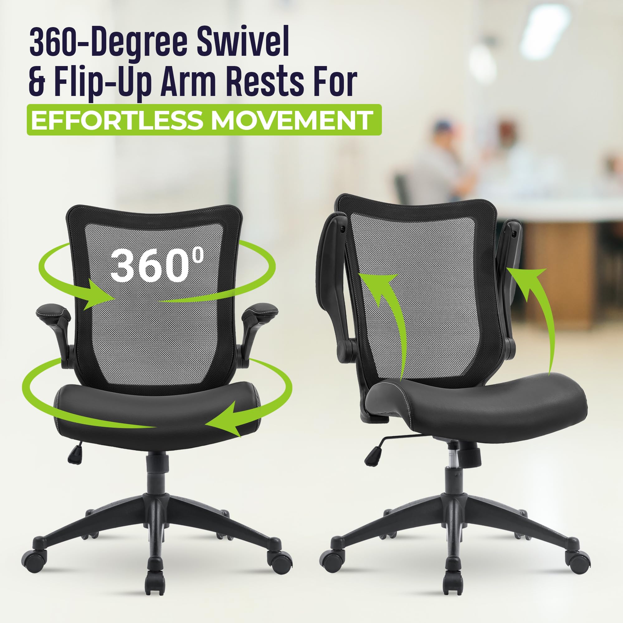 OfficeFactor Ergonomic Mesh Office Chair with Flip-Up Armrests & Non-Scratch Wheels - 300 lb Weight Capacity, Adjustable Height, Bonded Leather Seat - Perfect for Home Office, Gaming & Workspaces (Black)